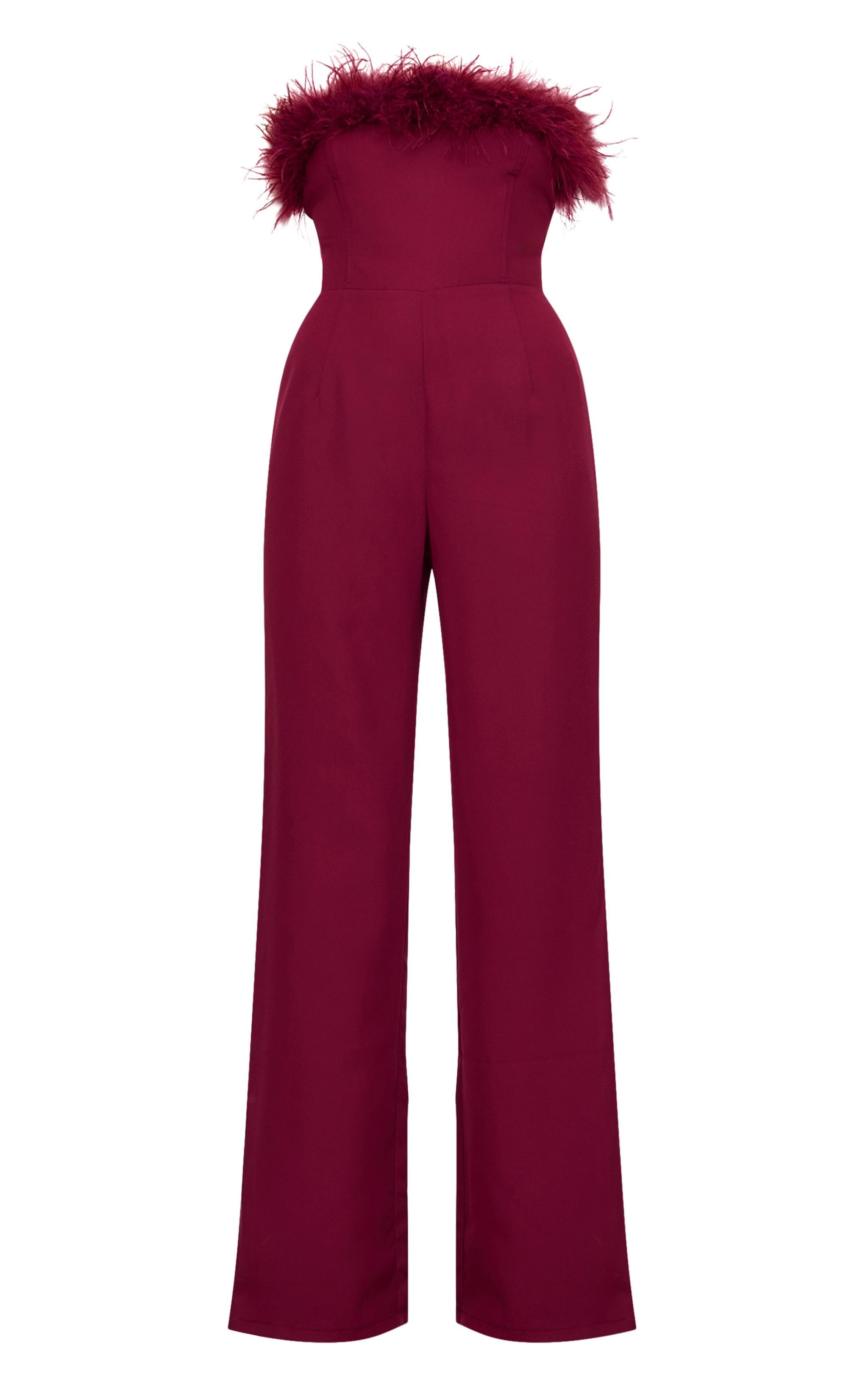 Burgundy Faux Fur Bandeau Straight Leg Jumpsuit Product Image