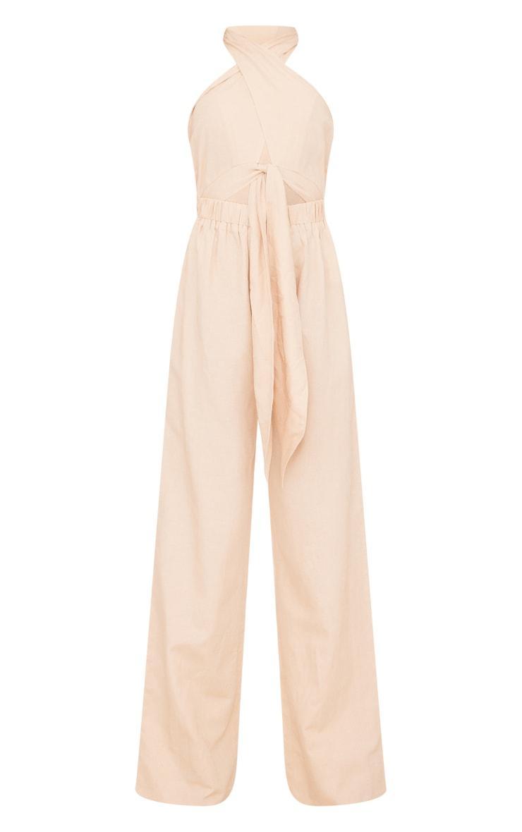 Stone Linen Cross Halter Detail Cut Out Jumpsuit Product Image