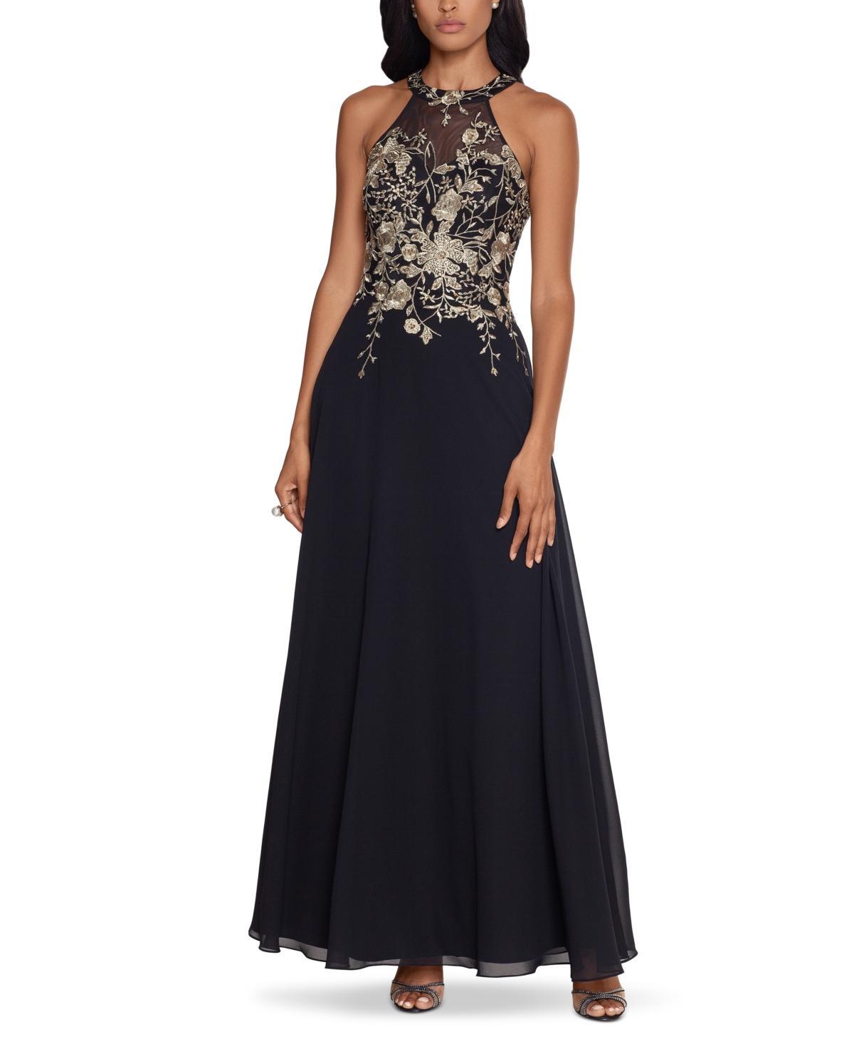 Betsy  Adam Halter Neck Floral Embroidered Sleeveless Chiffon Gown Product Image