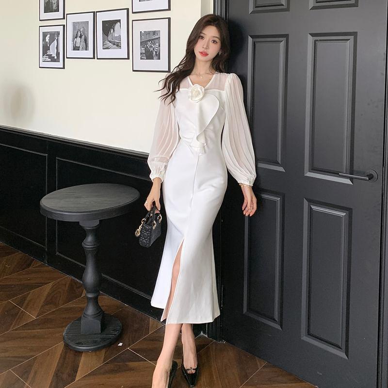 Long-Sleeve V-Neck Plain Flower Accent Slit Midi Sheath Dress Product Image