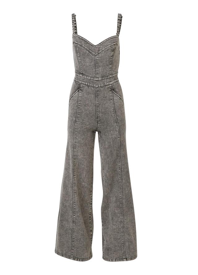 Wide Leg Denim Jumpsuit - Grey Washed Denim Product Image