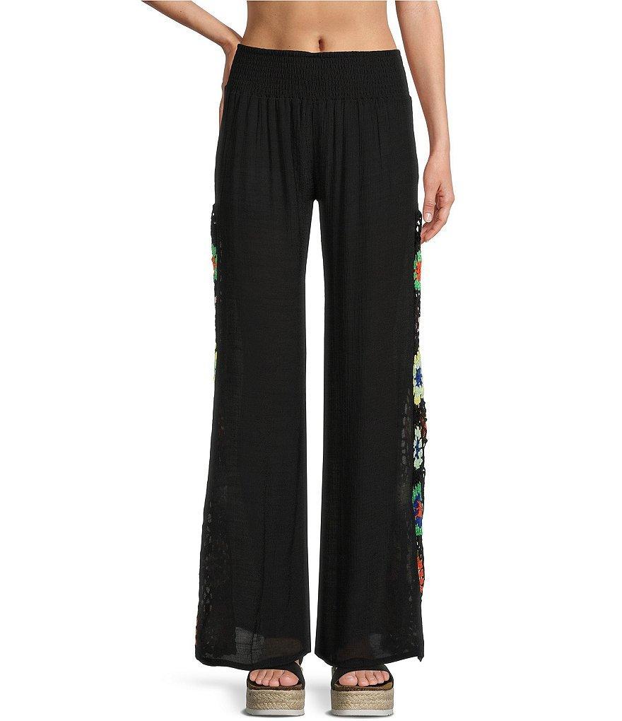 ELAN Crepe Floral Crochet Flat Front Wide Leg Pull-On Pants Product Image