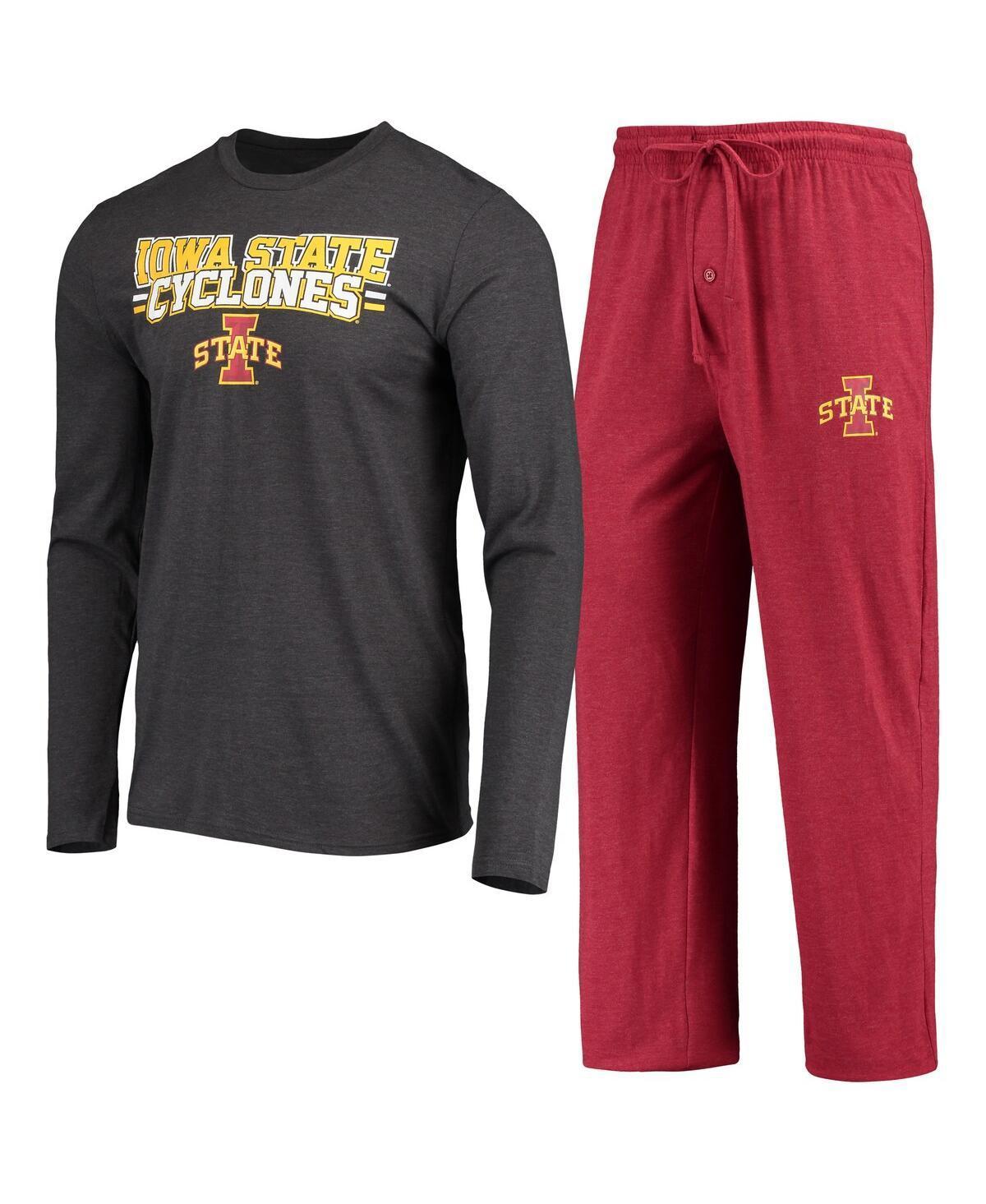 Mens Concepts Sport Cardinal, Heathered Charcoal Distressed Iowa State Cyclones Meter Long Sleeve T-shirt and Pants Sleep Set - Cardinal, Heather Cha Product Image