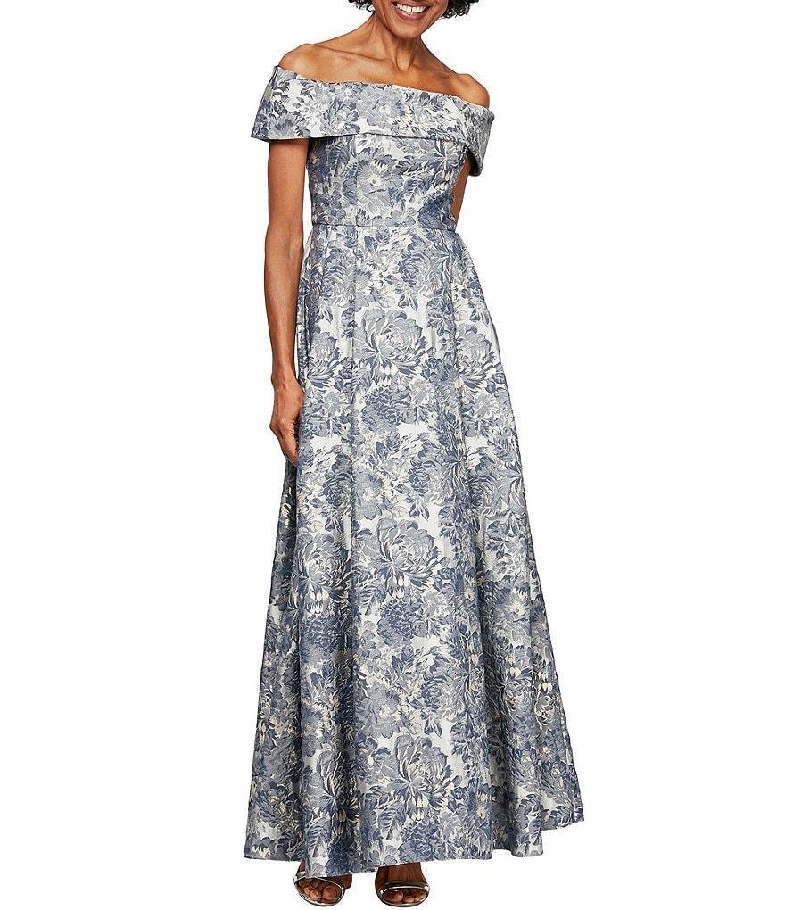 Alex Evenings Jacquard Short Sleeve Off-the-Shoulder Floral Pocketed Gown Product Image