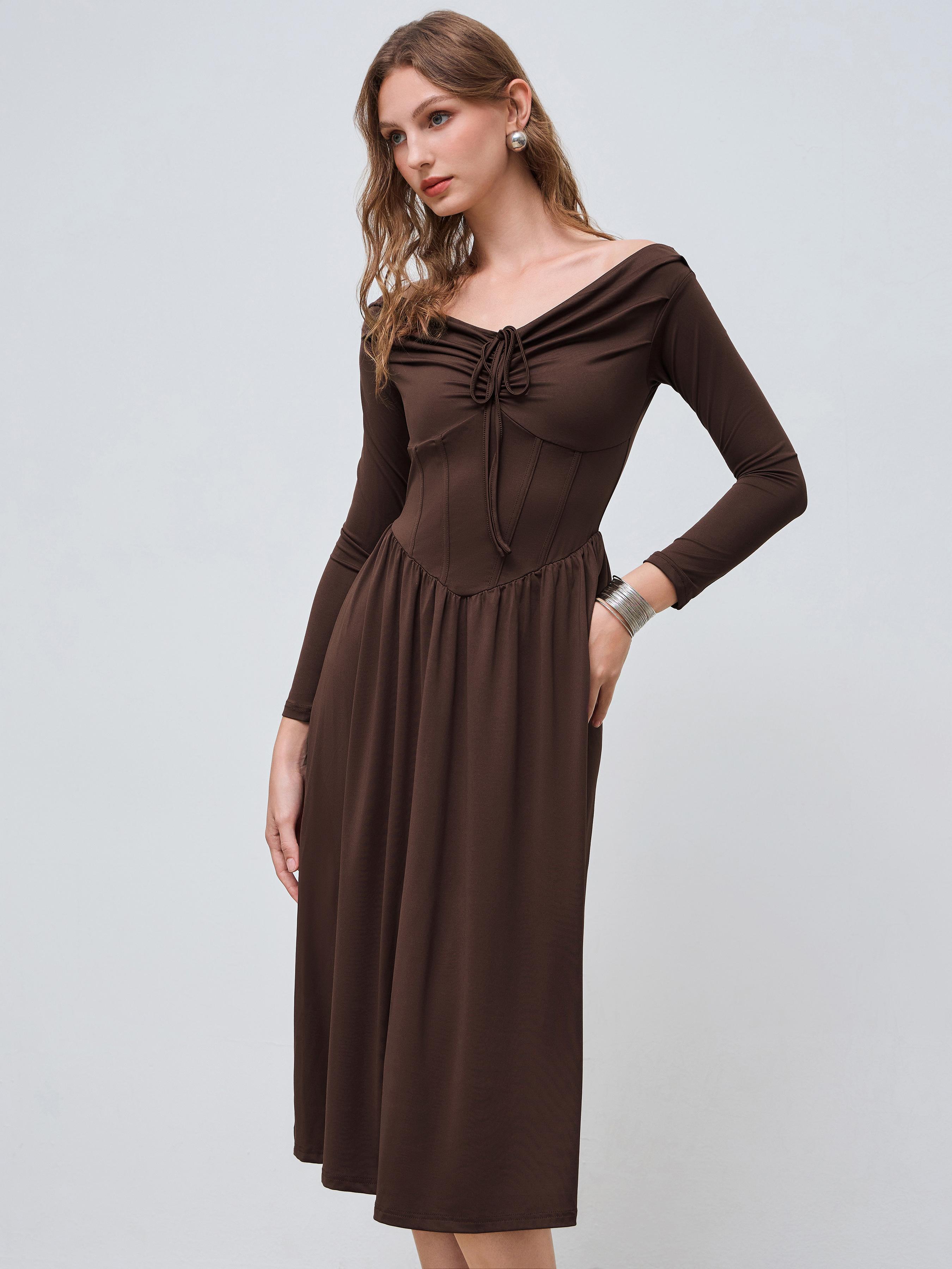 Off-shoulder Solid Ruched Ruffle Knotted Maxi Dress Product Image