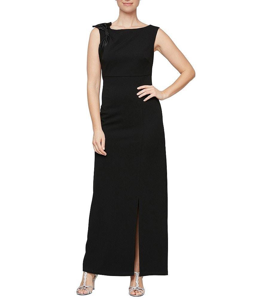 Ignite Evenings Sleeveless Bow Shoulder Detail Boat Neck Front Slit Column Dress Product Image