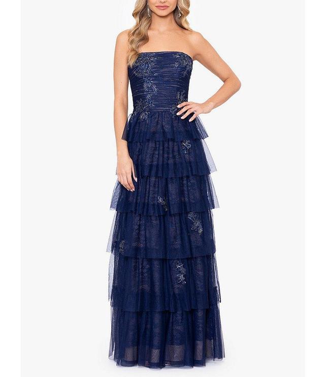 Xscape Strapless Applique Tiered Mesh Ruffle Gown Product Image