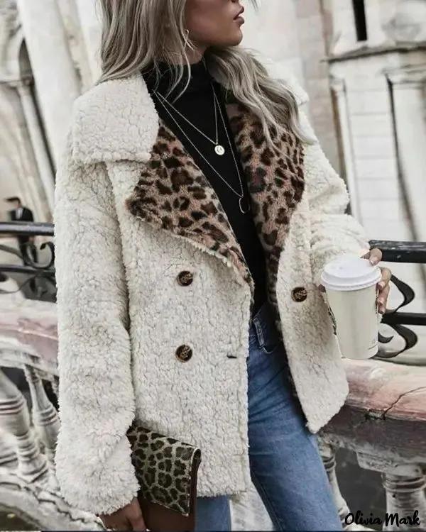 Olivia Mark – Contrast Leopard Double Breasted Teddy Coat product image