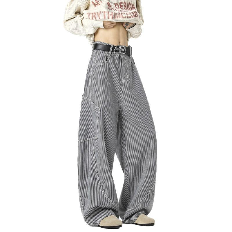 Mid Rise Striped Washed Wide Leg Cargo Jeans Product Image