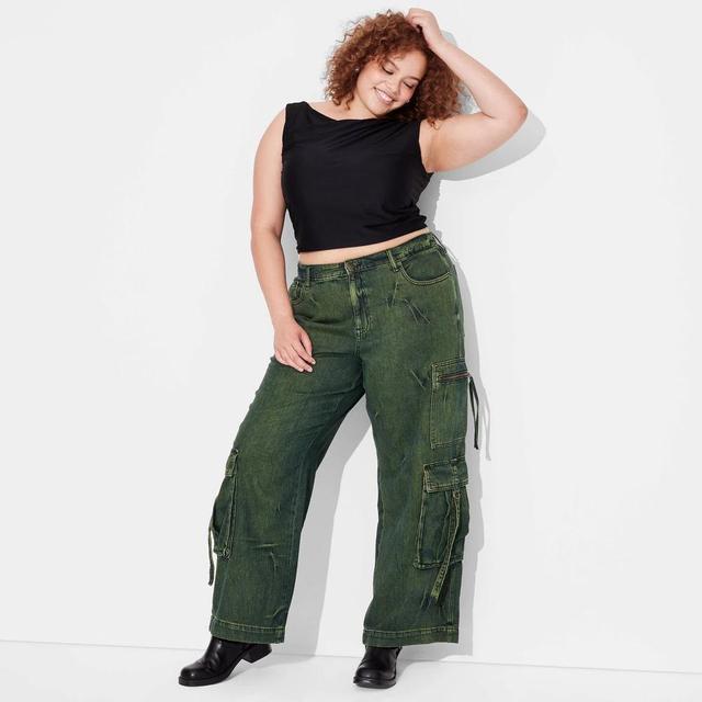 Womens Mid-Rise Wide Leg Cargo Baggy Pants - Wild Fable Dark Green 18 Product Image