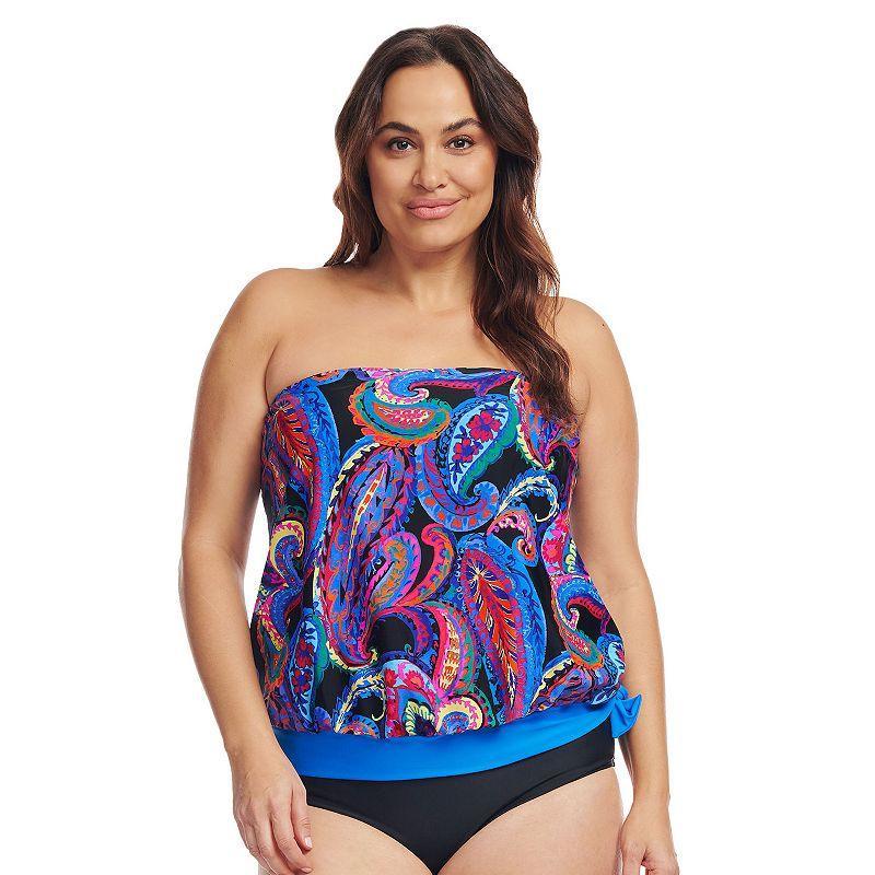 Plus Size Mazu Tropical Flora Draped Blouson Tankini Swim Top, Womens Product Image