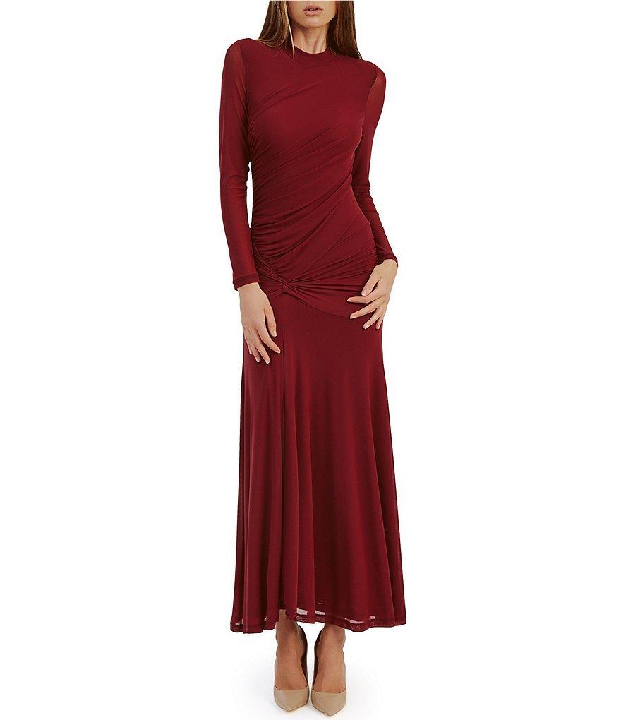 Bardot Mesh Mock Neck Long Sleeve Ruched Bodice Flounce Hem Midi Dress Product Image