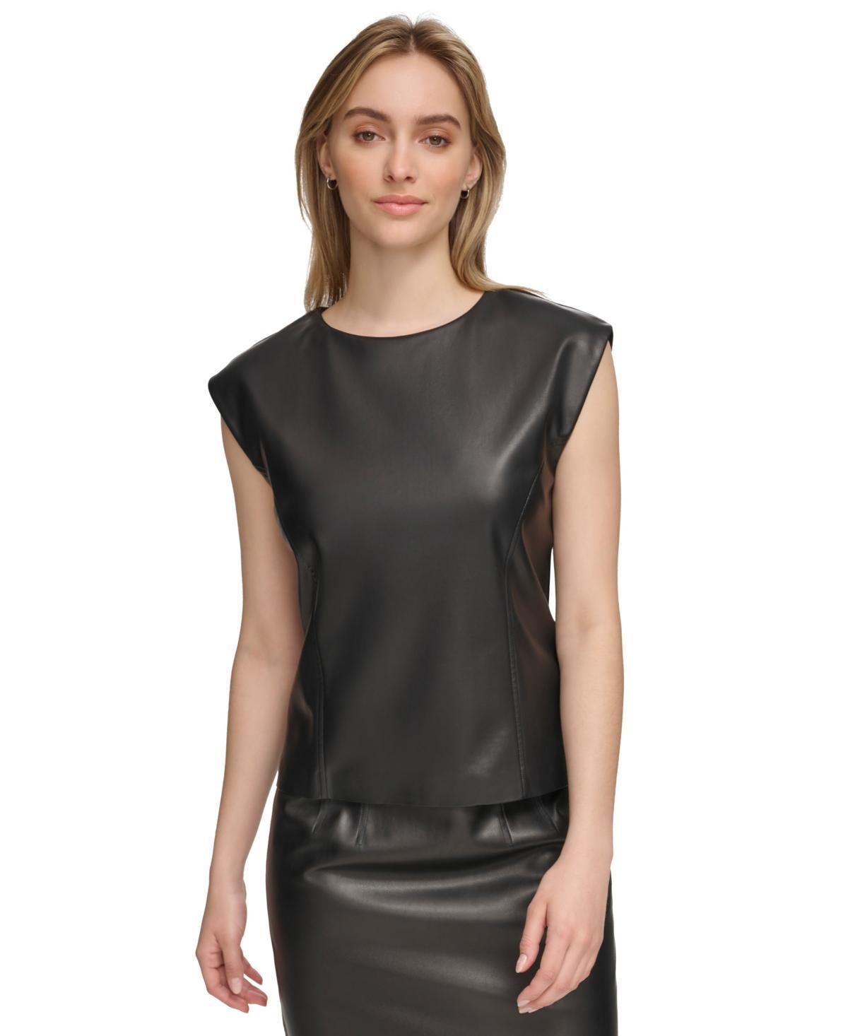 Calvin Klein Womens Faux Leather Cap Sleeve Top - Black Product Image