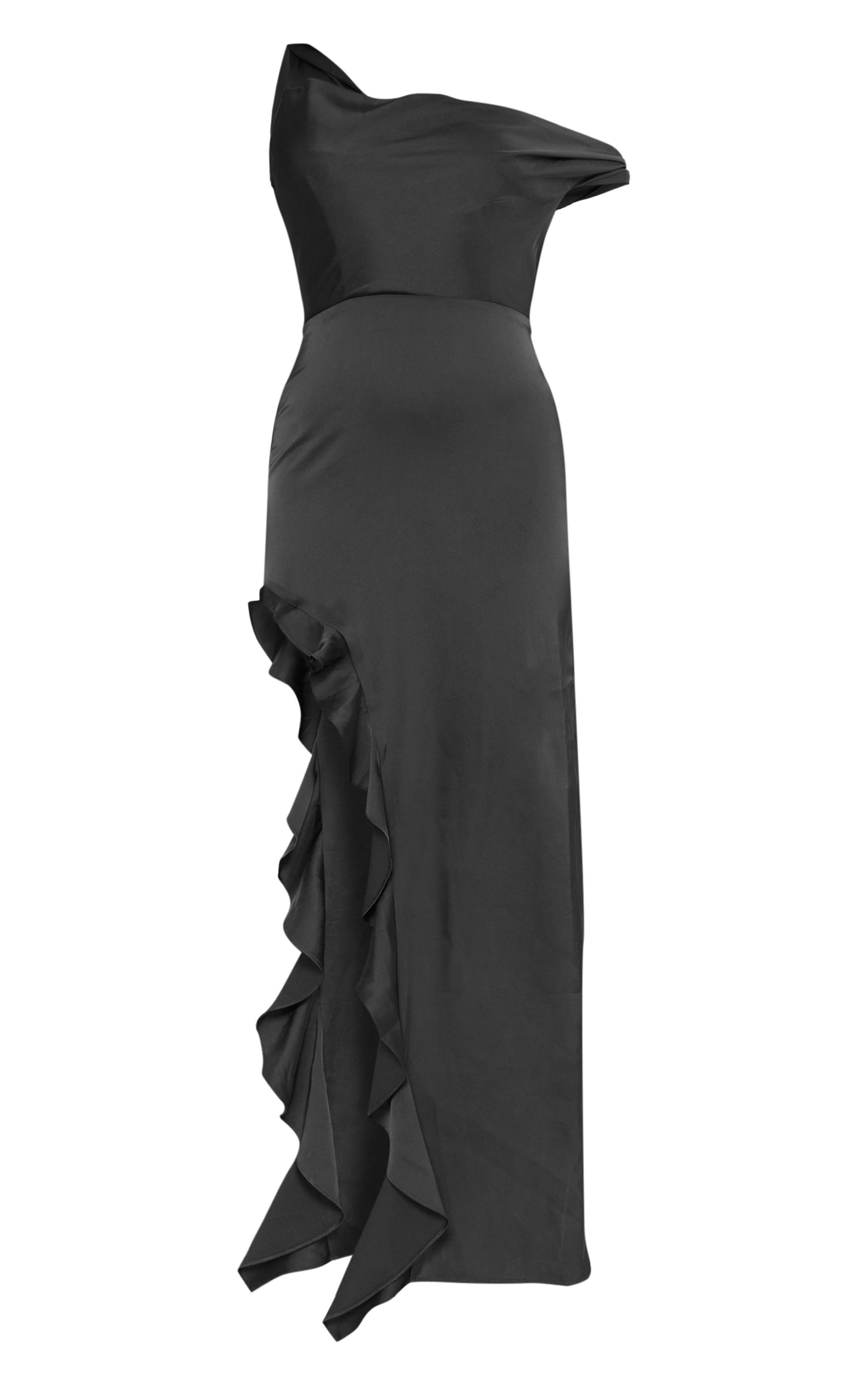 Black Satin Bardot Frill Hem Maxi Dress Product Image