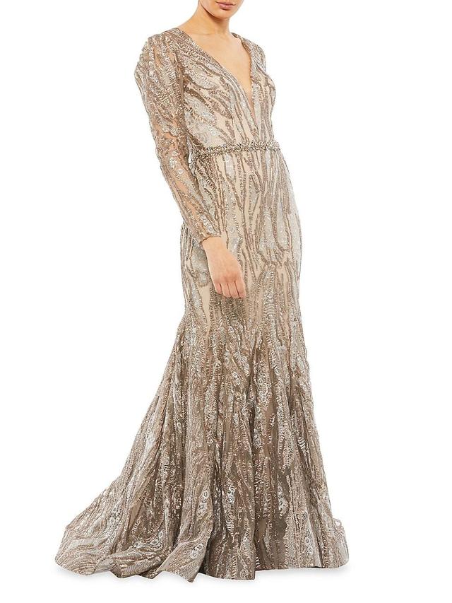 Mac Duggal Plunge Neck Sequin Long Sleeve Mermaid Gown Product Image