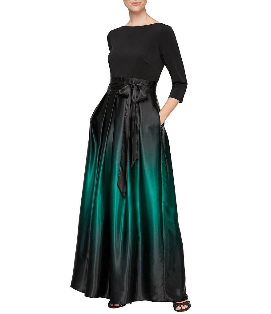 Ignite Evenings Ombre Satin Boat Neck 3/4 Sleeve Tie Waist Pocketed Ball Gown Product Image