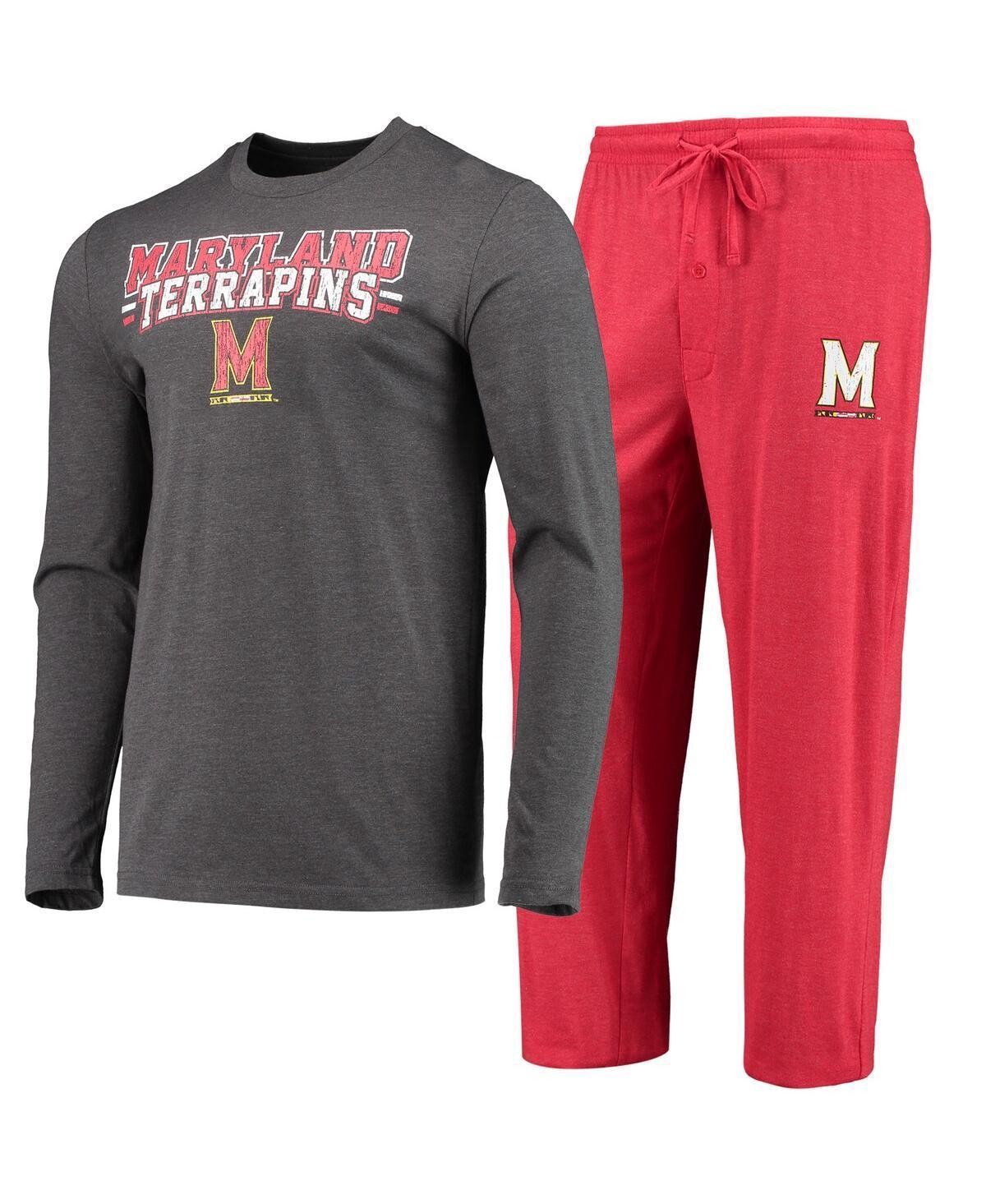 Mens Concepts Sport Red, Heathered Charcoal Maryland Terrapins Meter Long Sleeve T-shirt and Pants Sleep Set Product Image