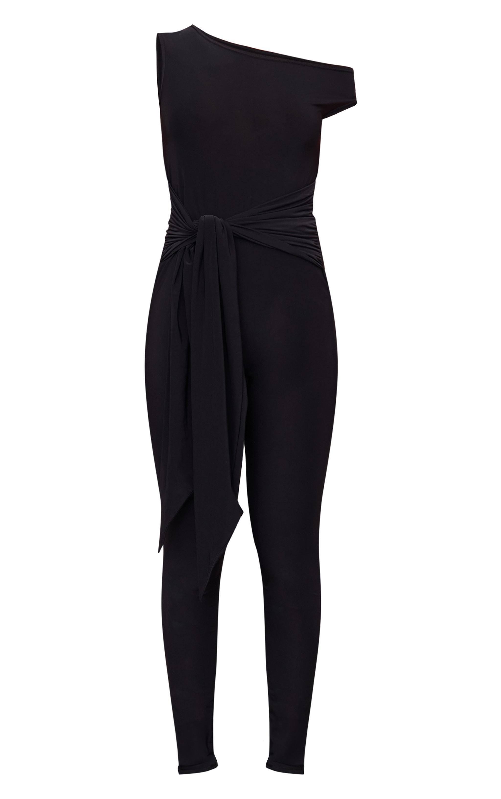  Black Double Layer Slinky Knot Detail Wrap Front Jumpsuit Product Image