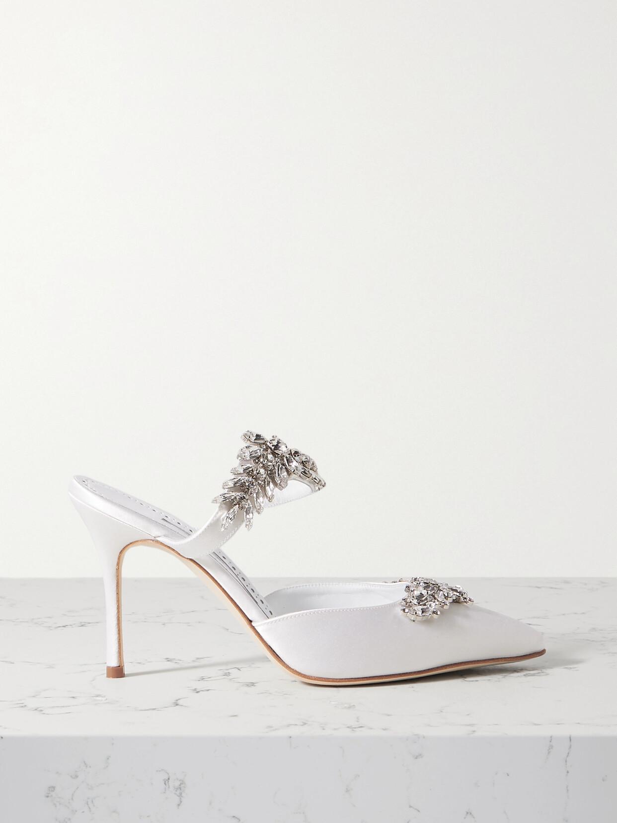 MANOLO BLAHNIK Lurum 90 Crystal-embellished Silk Satin Mules In Ivory Product Image