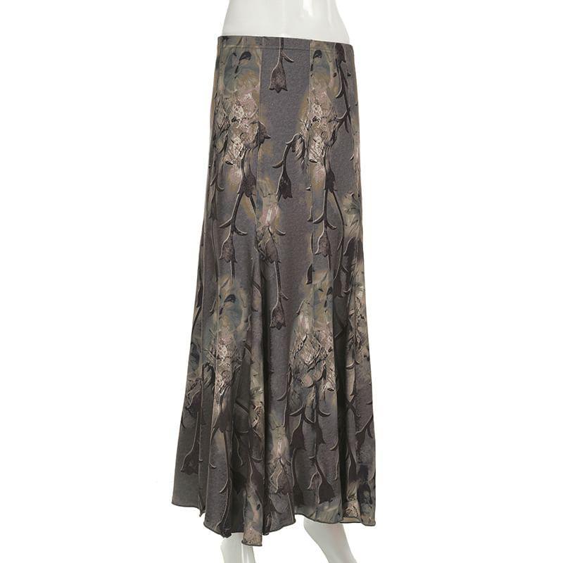 High Waist Floral Print Maxi A-Line Skirt Product Image