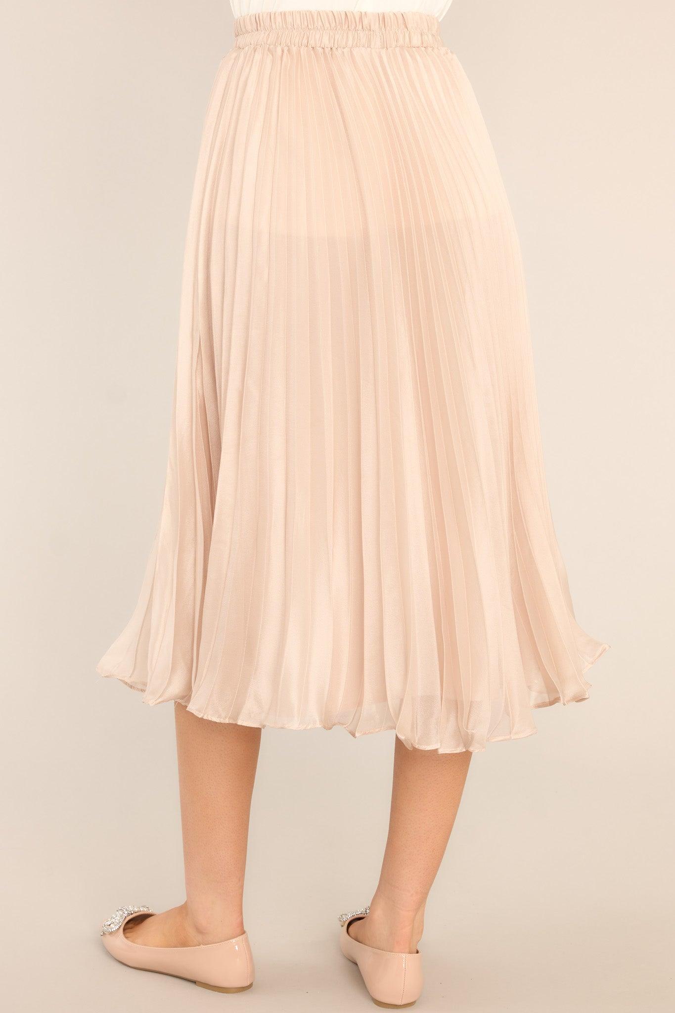 Graceful Champagne Pleated Satin Midi Skirt Product Image