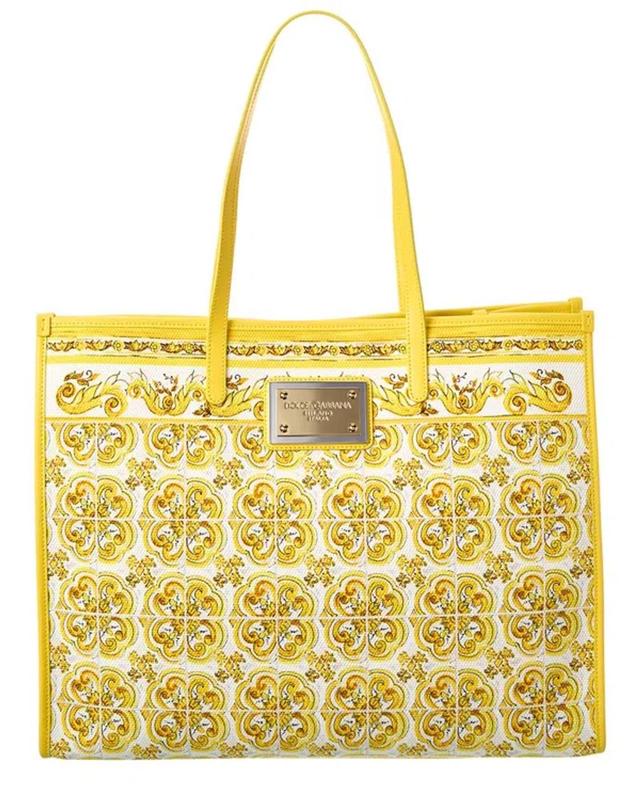 Large Majolica Canvas & Leather Tote In Yellow Product Image