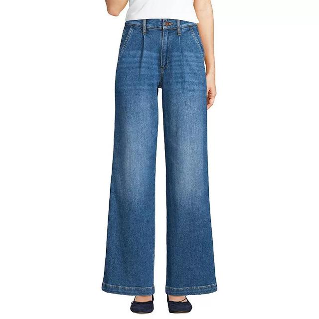 Womens Lands End Soft High Rise Pleated Wide Leg Jeans Blue Tide Blue Product Image