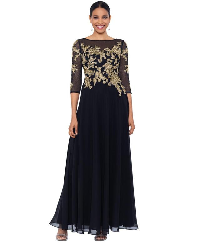 Betsy & Adam Womens Floral-Embroidered 3/4-Sleeve Gown - Black Product Image