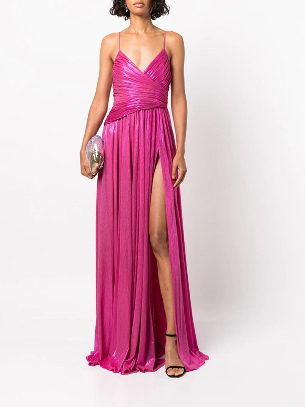 Doss Wrap-effect Pleated Lamé Gown In Pink Product Image