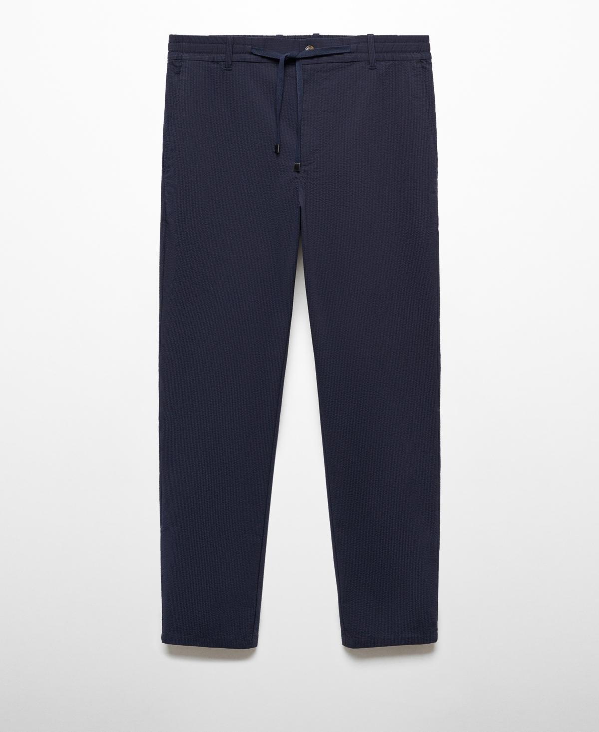 MANGO MAN - Cotton seersucker pants with drawstring dark navyMen Product Image