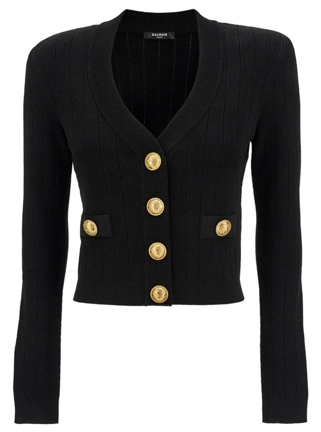 BALMAIN Buttoned Knit Crop Cardigan In Black Product Image