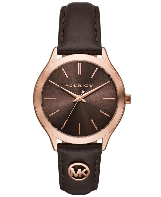 Michael Kors Womens Slim Runway Three-Hand Chocolate Leather Strap Watch Product Image