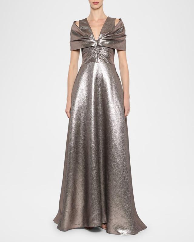 Chiara Metallic Draped-Shoulder Gown Product Image