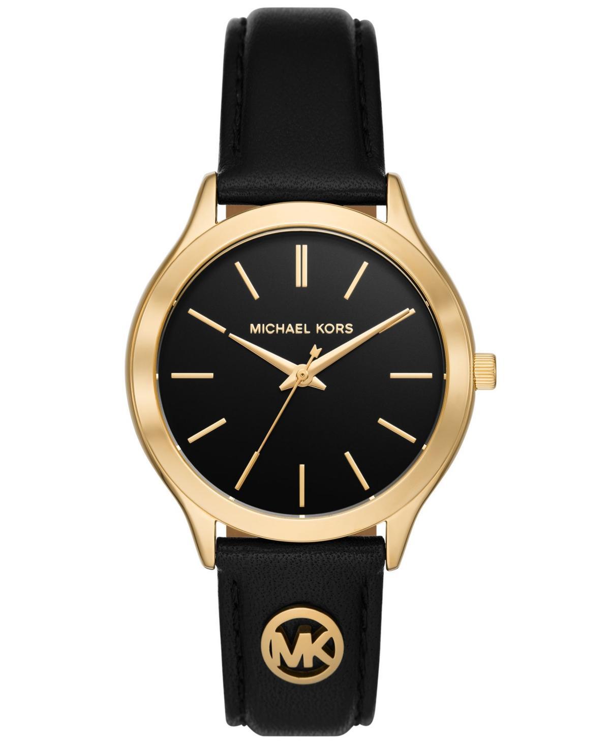 Michael Kors Womens Slim Runway Three-Hand Black Leather Watch 38mm Product Image