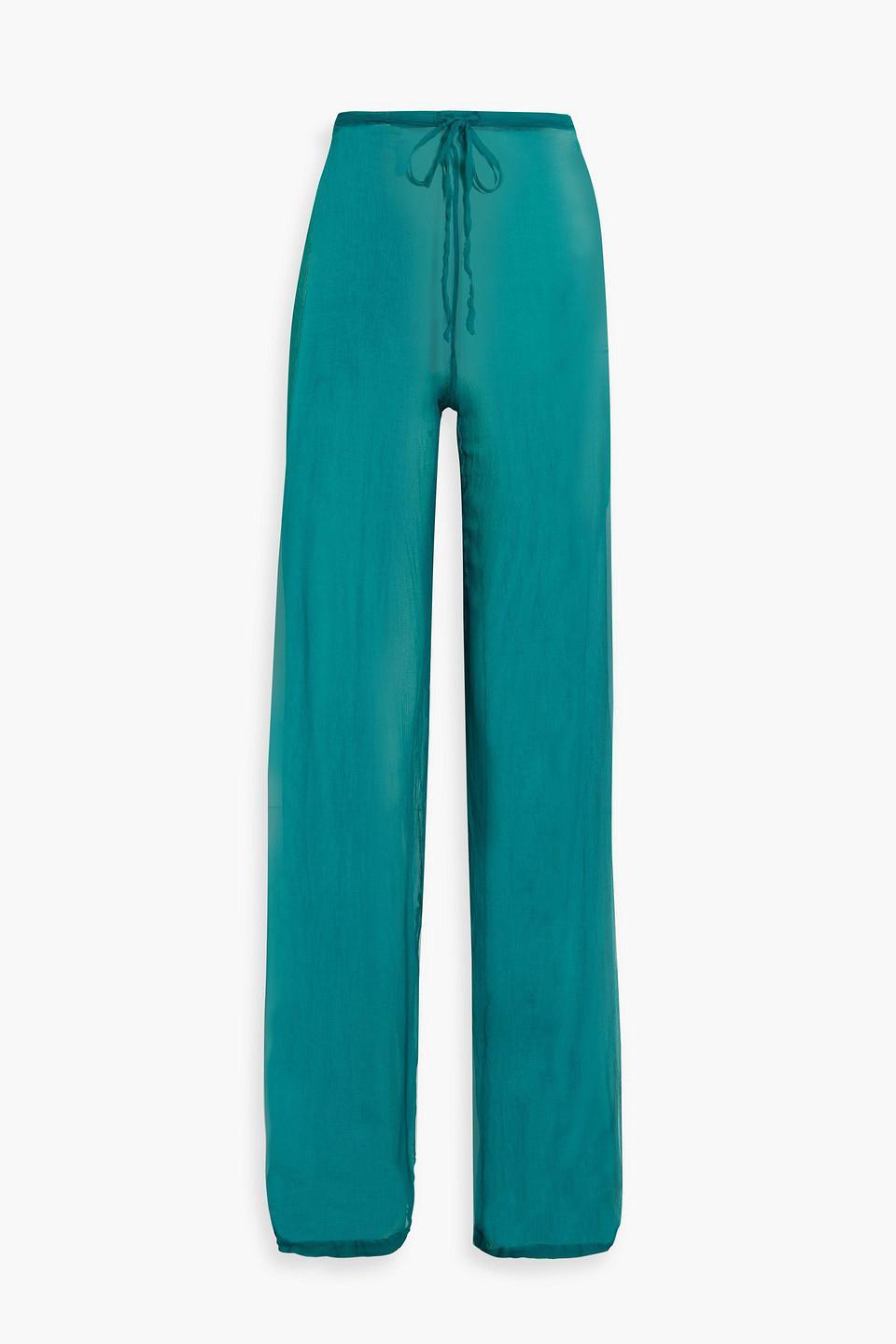 Silk-crepon Straight-leg Pants In Teal Product Image