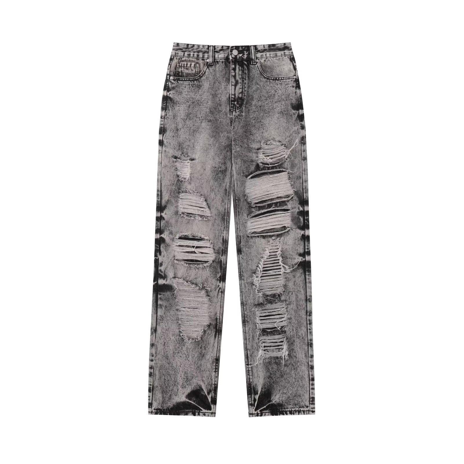 Men's Ins Trendy Hip-Hop High Street Ripped Washed Distressed Jeans Product Image