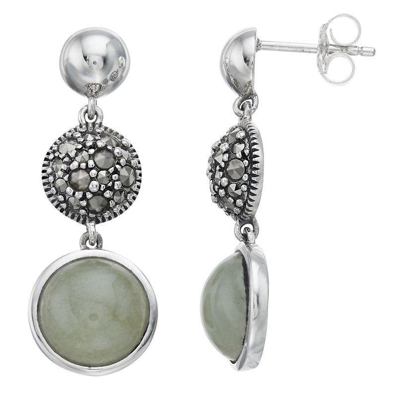 Lavish by TJM Sterling Silver Cabochon Jade & Marcasite Drop Earrings, Womens Product Image