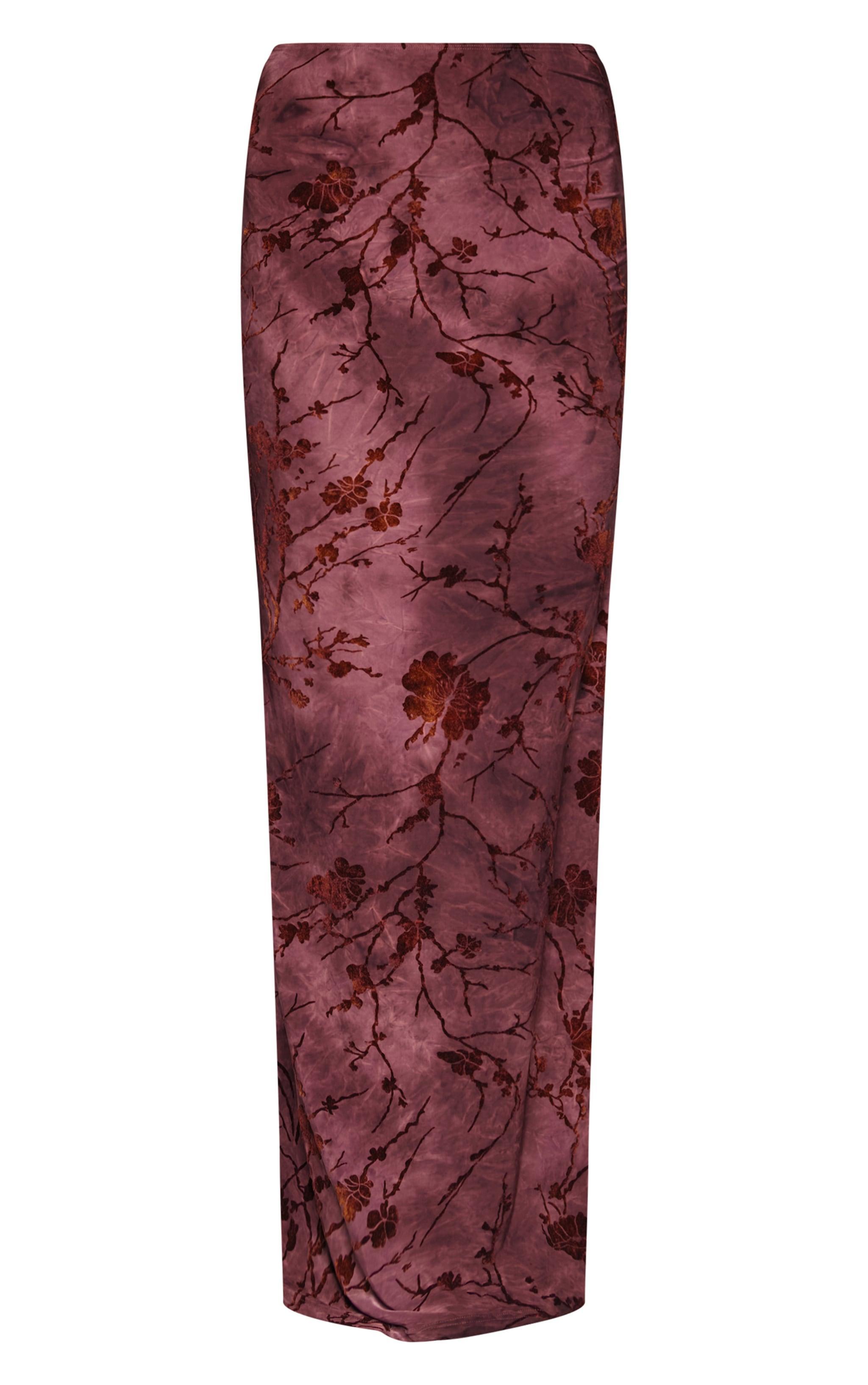 Burgundy Floral Print Devore Maxi Skirt Product Image