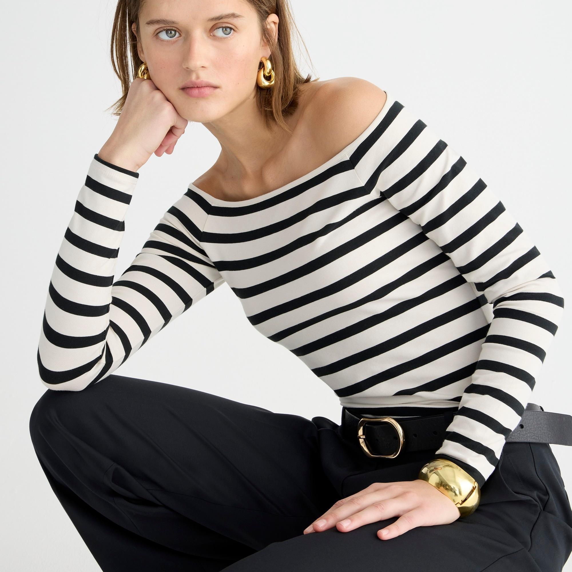 Off-the-shoulder long-sleeve shirt in striped stretch cotton Product Image