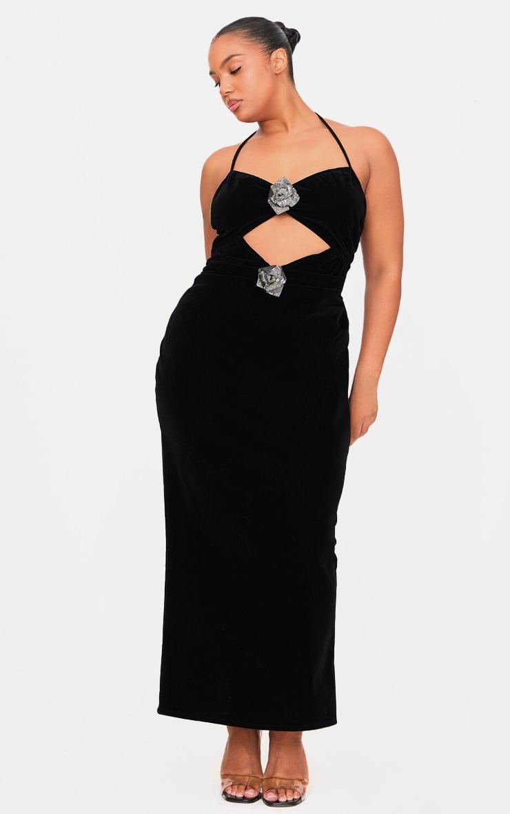 Plus Black Corsage Detail Cut Out Velvet Maxi Dress Product Image