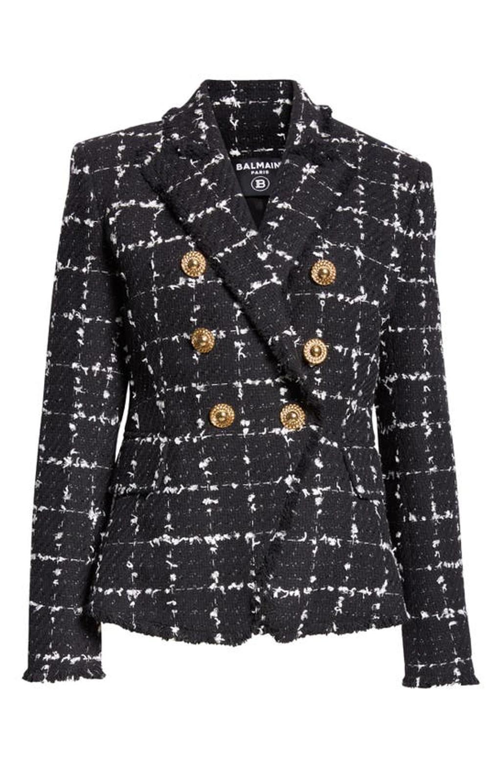 Grid Tweed Double-breasted Blazer In Black White Silver Product Image