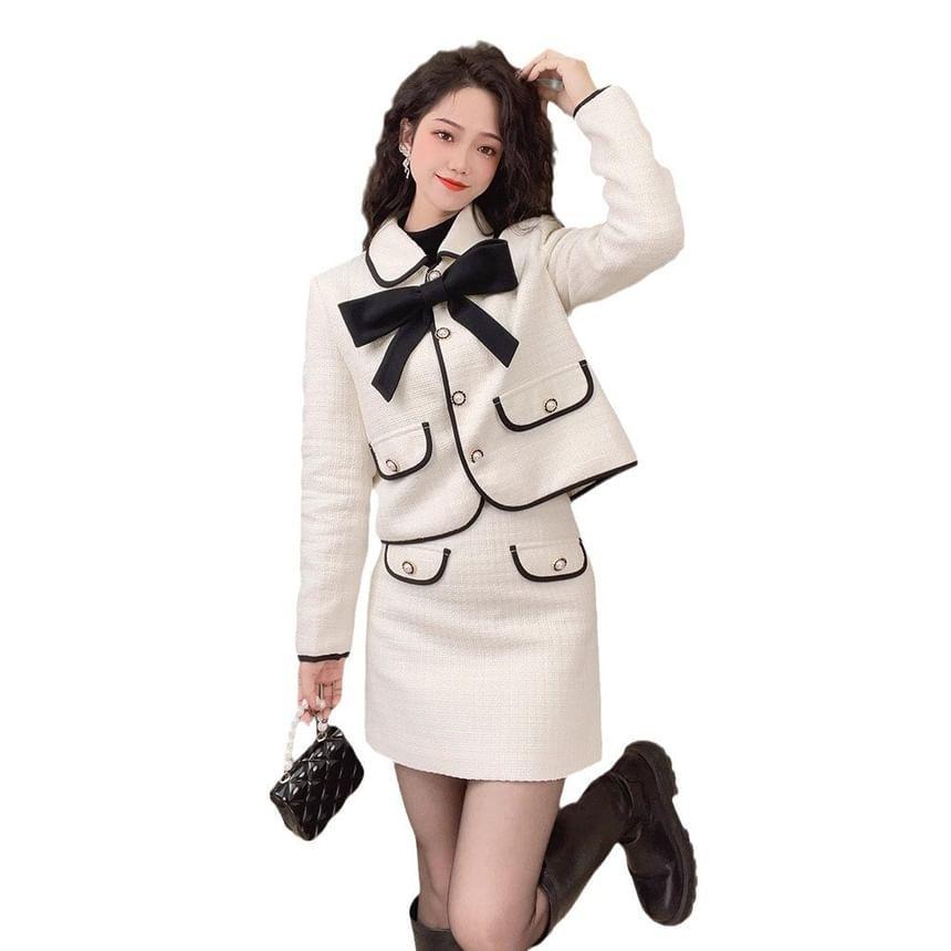 Set: Collar Bow Contrast Trim Button Jacket + High Waist Mini A-Line Skirt Product Image