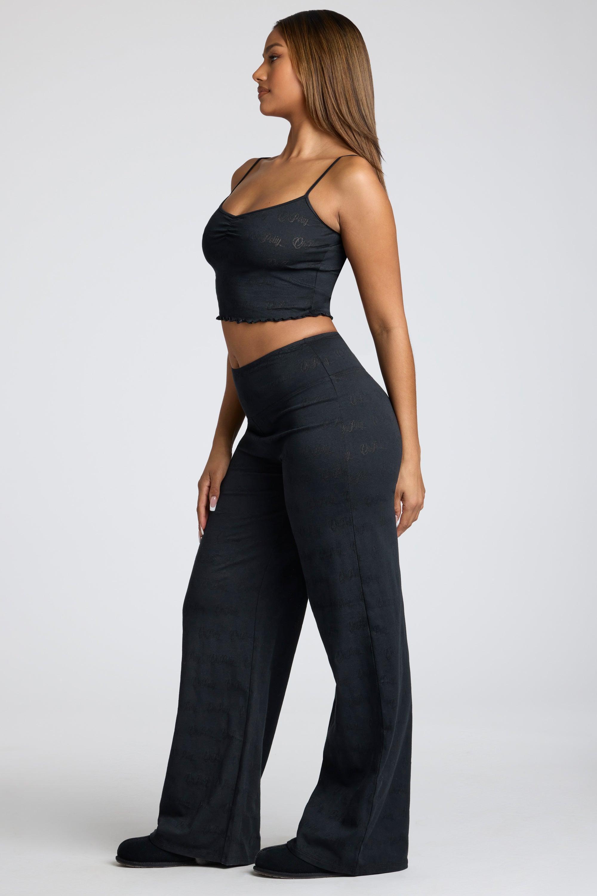 Tall Mid Rise Straight Leg Pointelle Trousers in Black Product Image