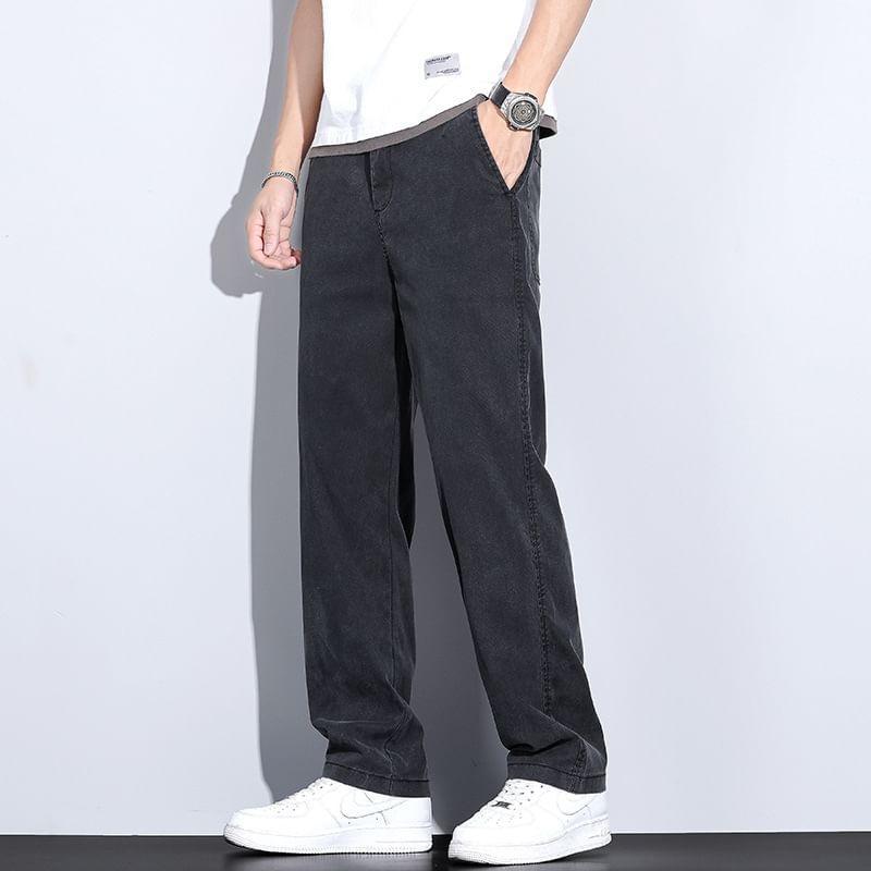 Mid Waist Plain Straight Leg Pants Product Image