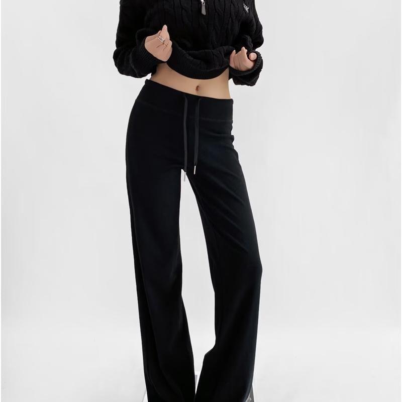 Drawstring Waist Plain Wide Leg Pants Product Image