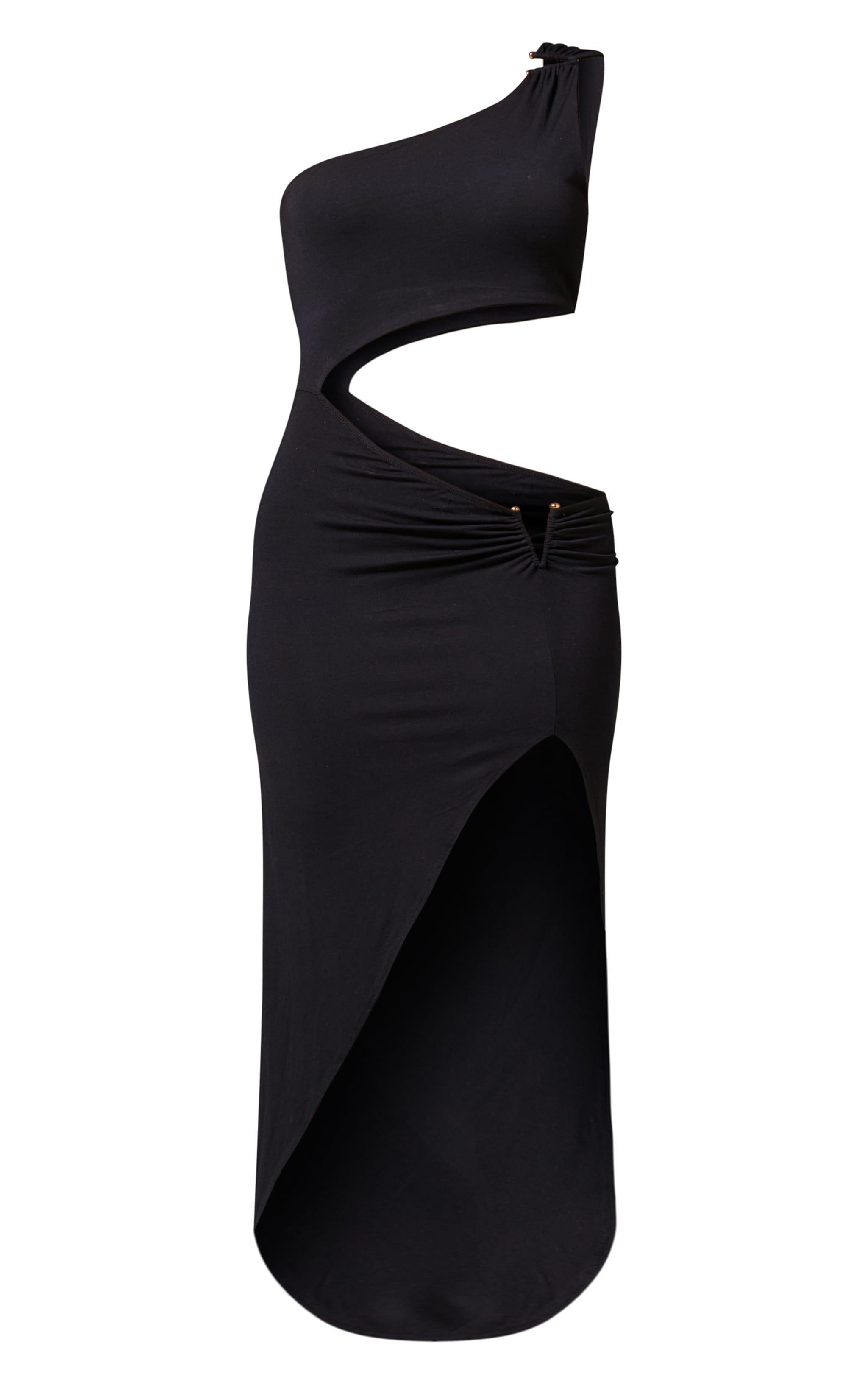  Black Slinky One Shoulder Trim Detail Cut Out Midaxi Dress Product Image