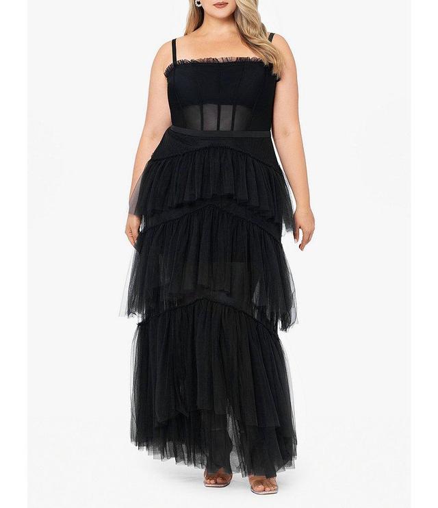 Betsy & Adam Plus Size Illusion Tiered Ruffled Tulle Square Neck Mesh Sleeveless Gown Product Image