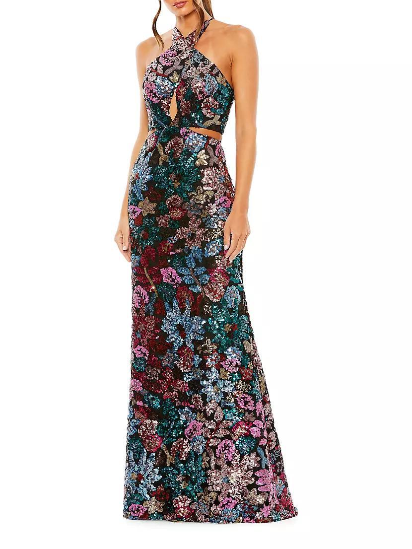 Floral Sequined Cut-Out Halter Gown Product Image