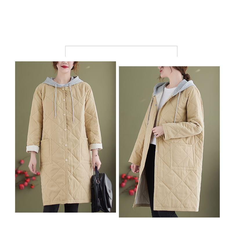 Plain Hooded Quilted Midi Single-Breasted Jacket Product Image