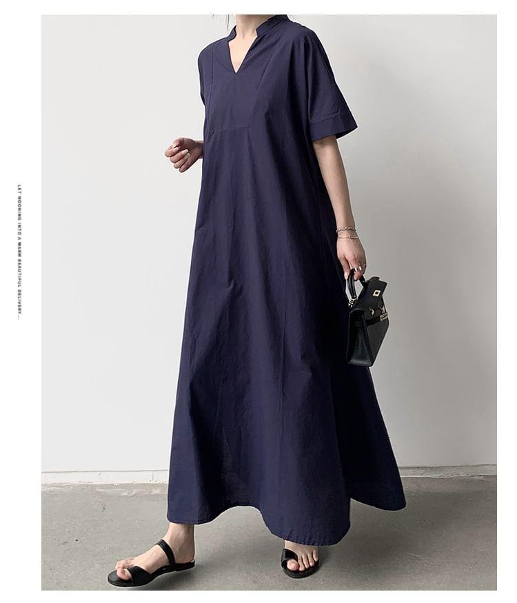 Elbow-Sleeve Stand Collar Plain Maxi Tunic Dress Product Image